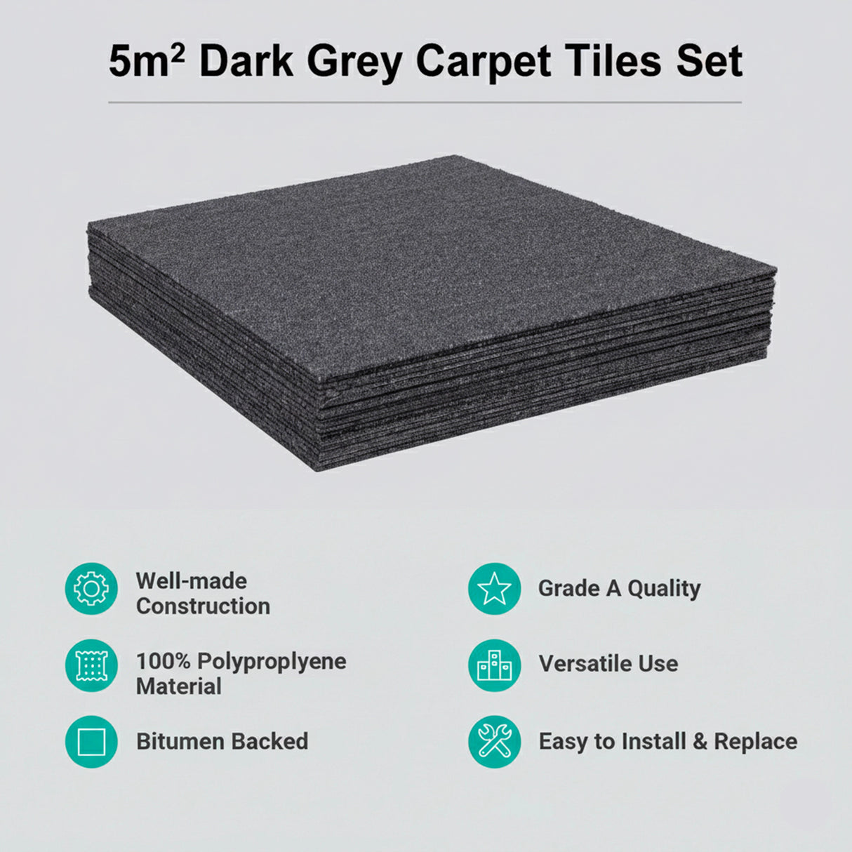 5m&sup2; Dark Grey Carpet Tiles Set &ndash; Commercial & Domestic Flooring for Office, Retail, Home
