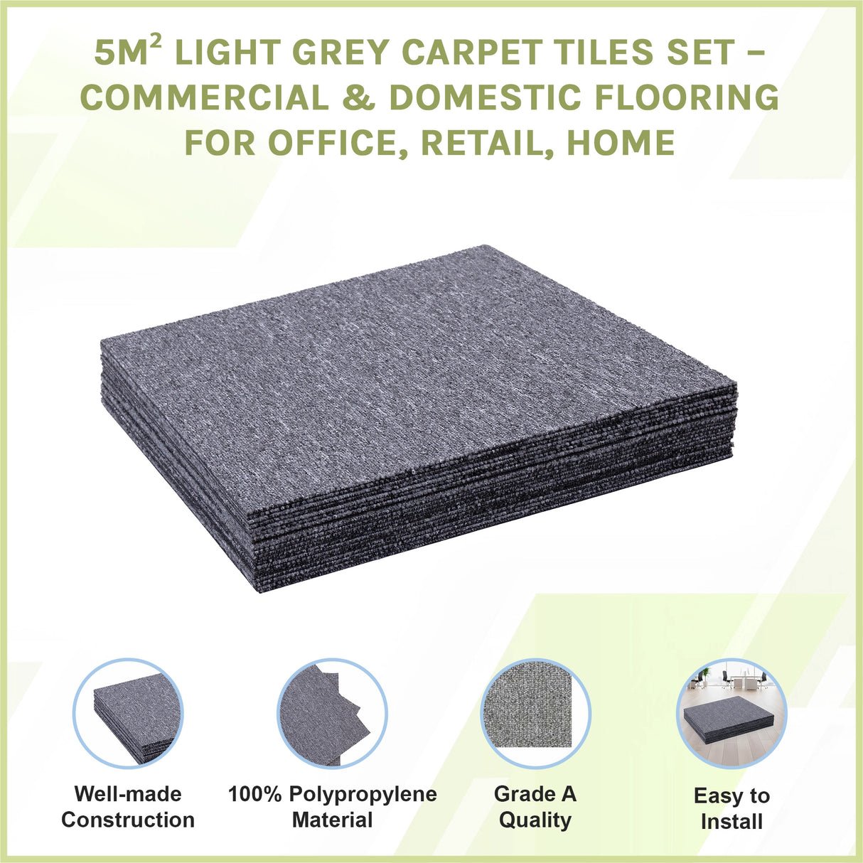 5m&sup2; Light Grey Carpet Tiles Set &ndash; Commercial & Domestic Flooring for Office, Retail, Home