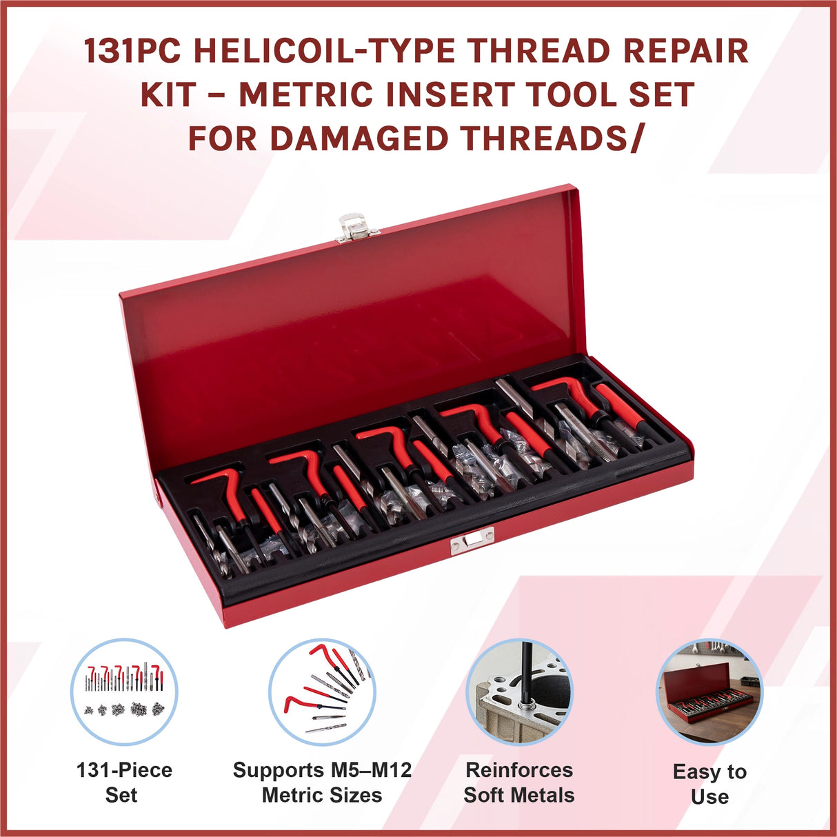 131pc Helicoil-Type Thread Repair Kit &ndash; Metric Insert Tool Set for Damaged Threads