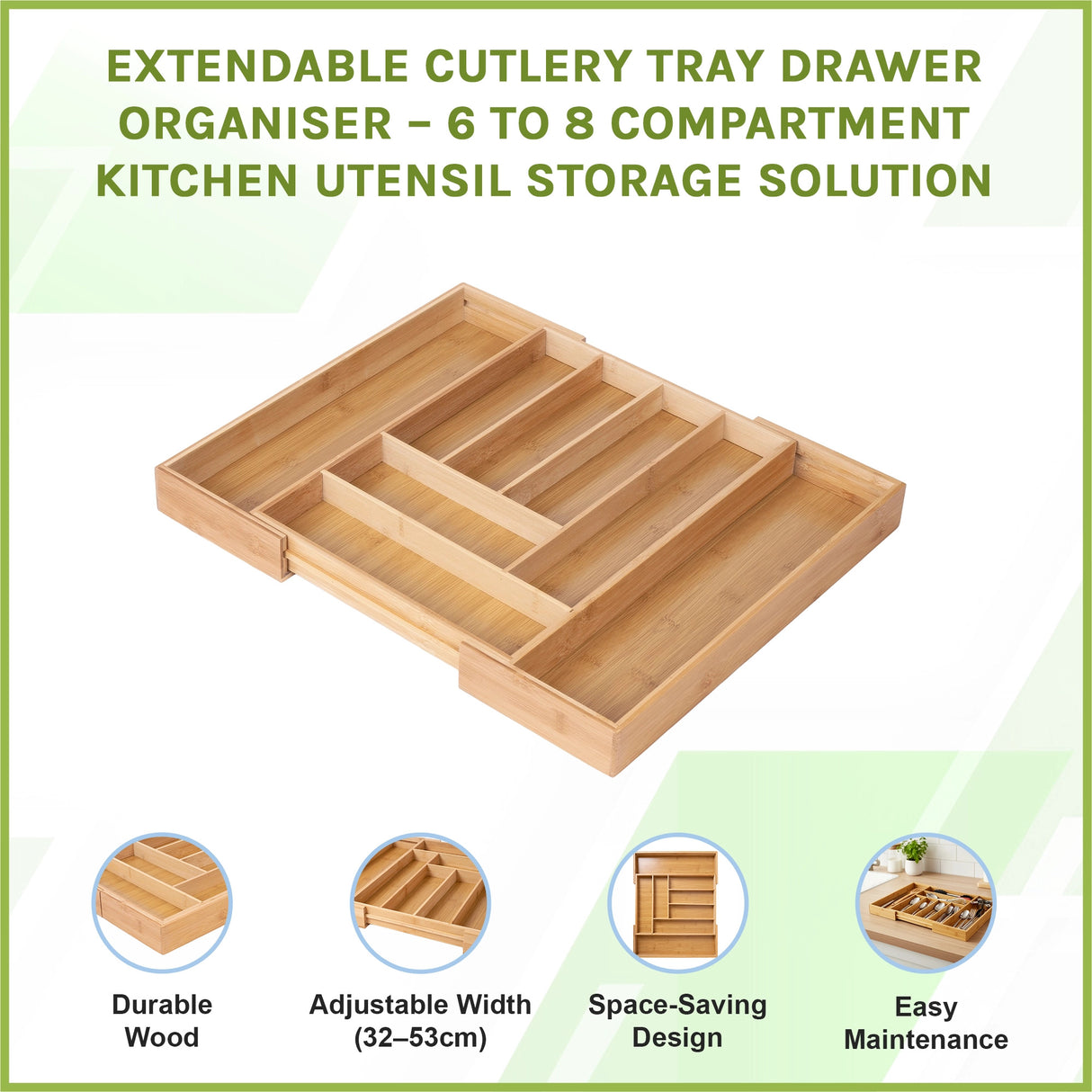 Extendable Cutlery Tray Drawer Organiser &ndash; 6 to 8 Compartment Kitchen Utensil Storage Solution