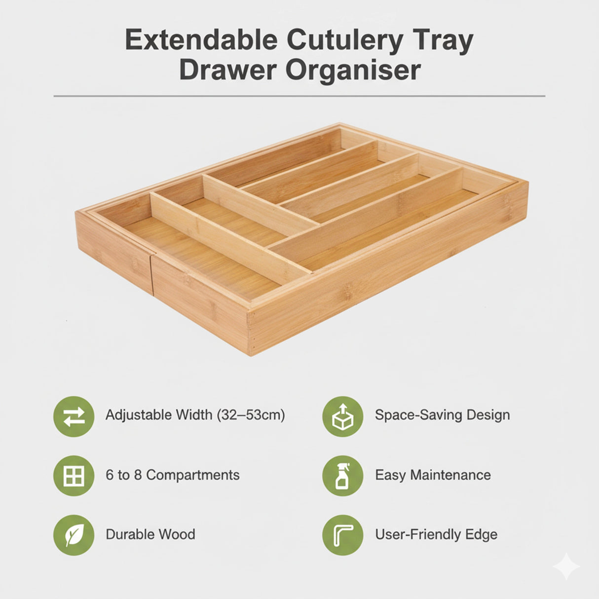 Extendable Cutlery Tray Drawer Organiser &ndash; 6 to 8 Compartment Kitchen Utensil Storage Solution