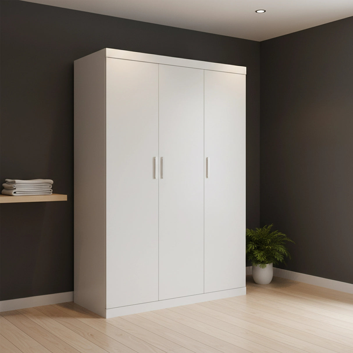 3 Door White Wardrobe &ndash; White Handles, Hanging Rail & Shelves