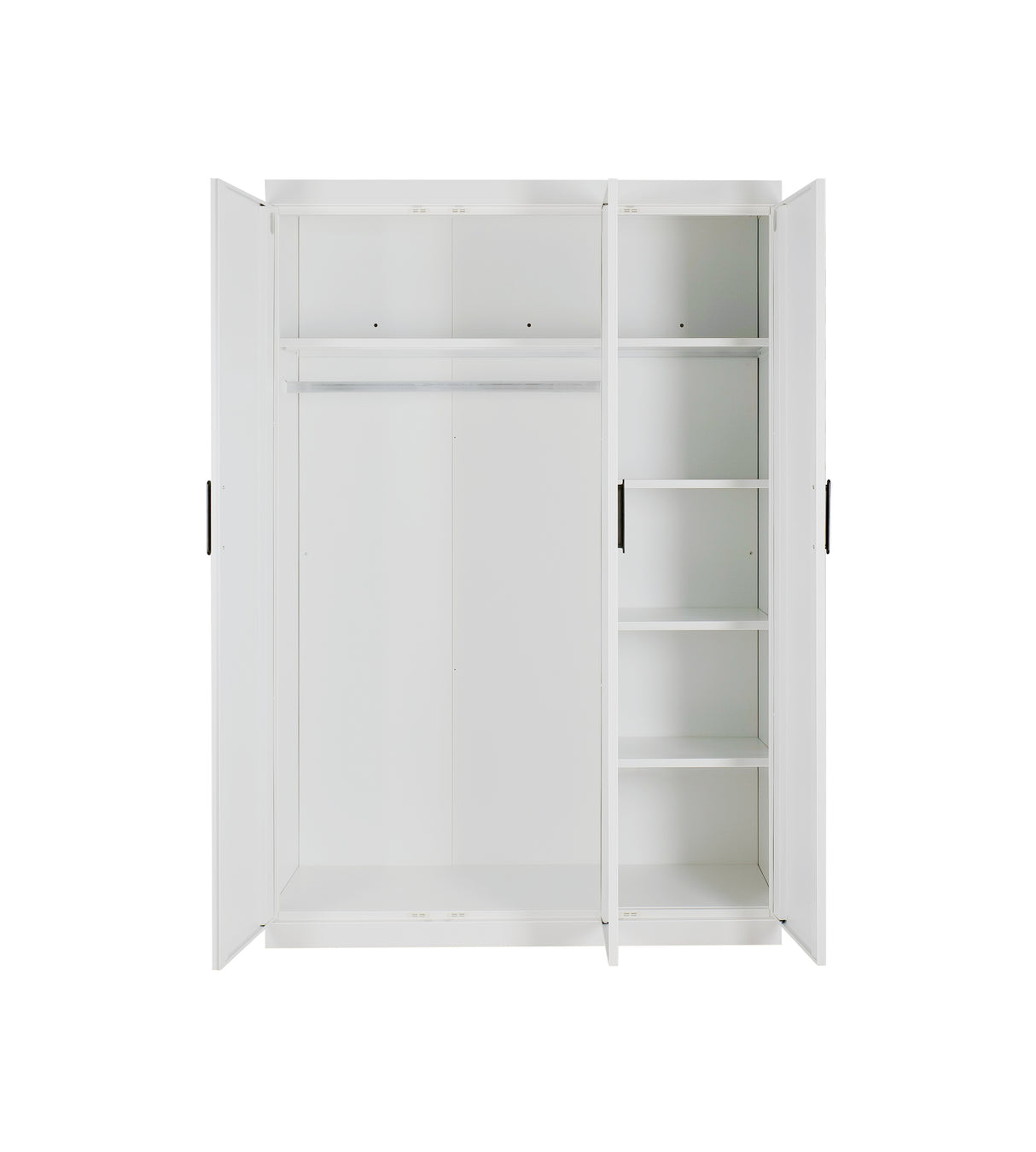 3 Door White Wardrobe &ndash; Black Handles, Hanging Rail & Shelves
