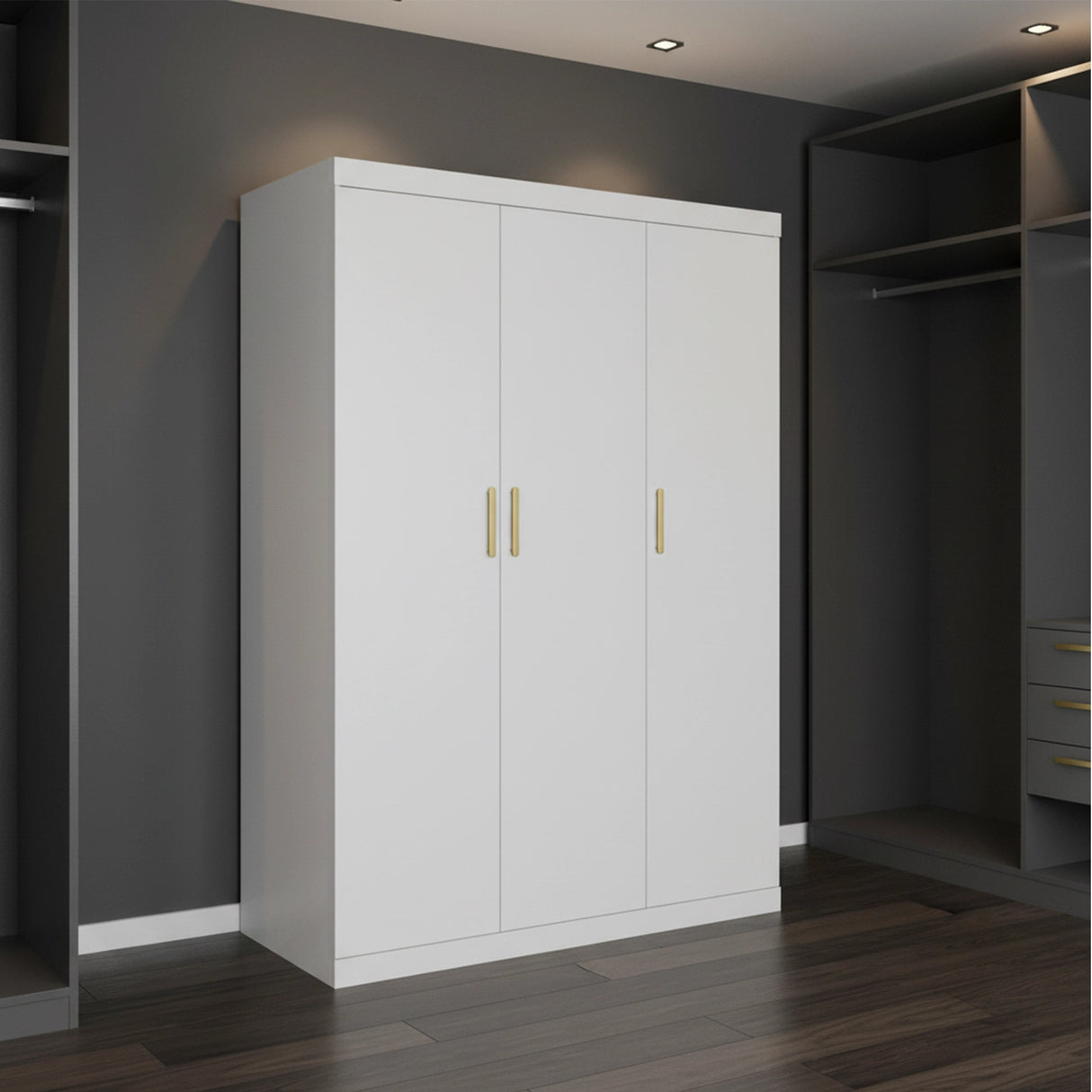 3 Door White Wardrobe &ndash; Gold Handles, Hanging Rail & Shelves