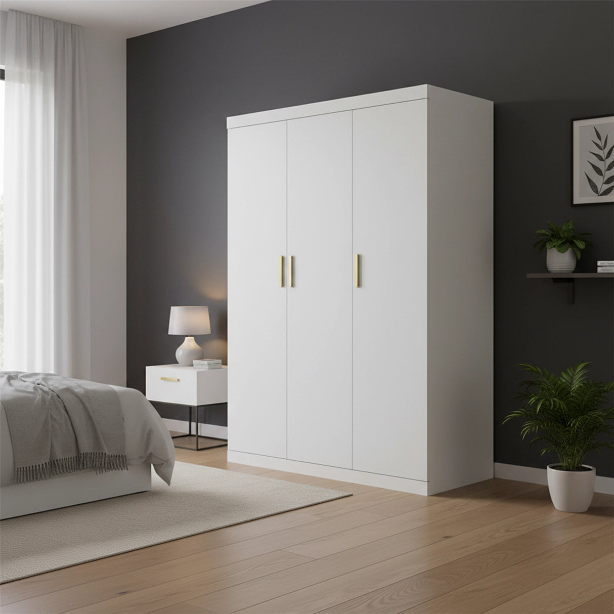 3 Door White Wardrobe &ndash; Gold Handles, Hanging Rail & Shelves