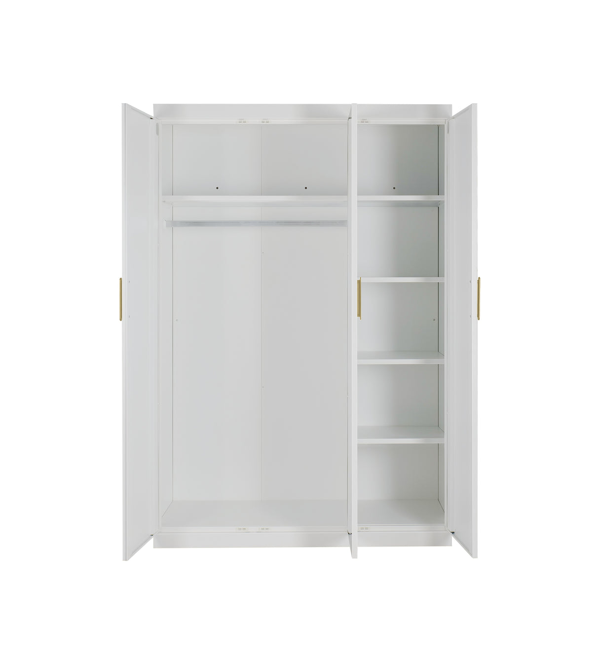 3 Door White Wardrobe &ndash; Gold Handles, Hanging Rail & Shelves