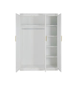 3 Door White Wardrobe &ndash; Gold Handles, Hanging Rail & Shelves - Rear View