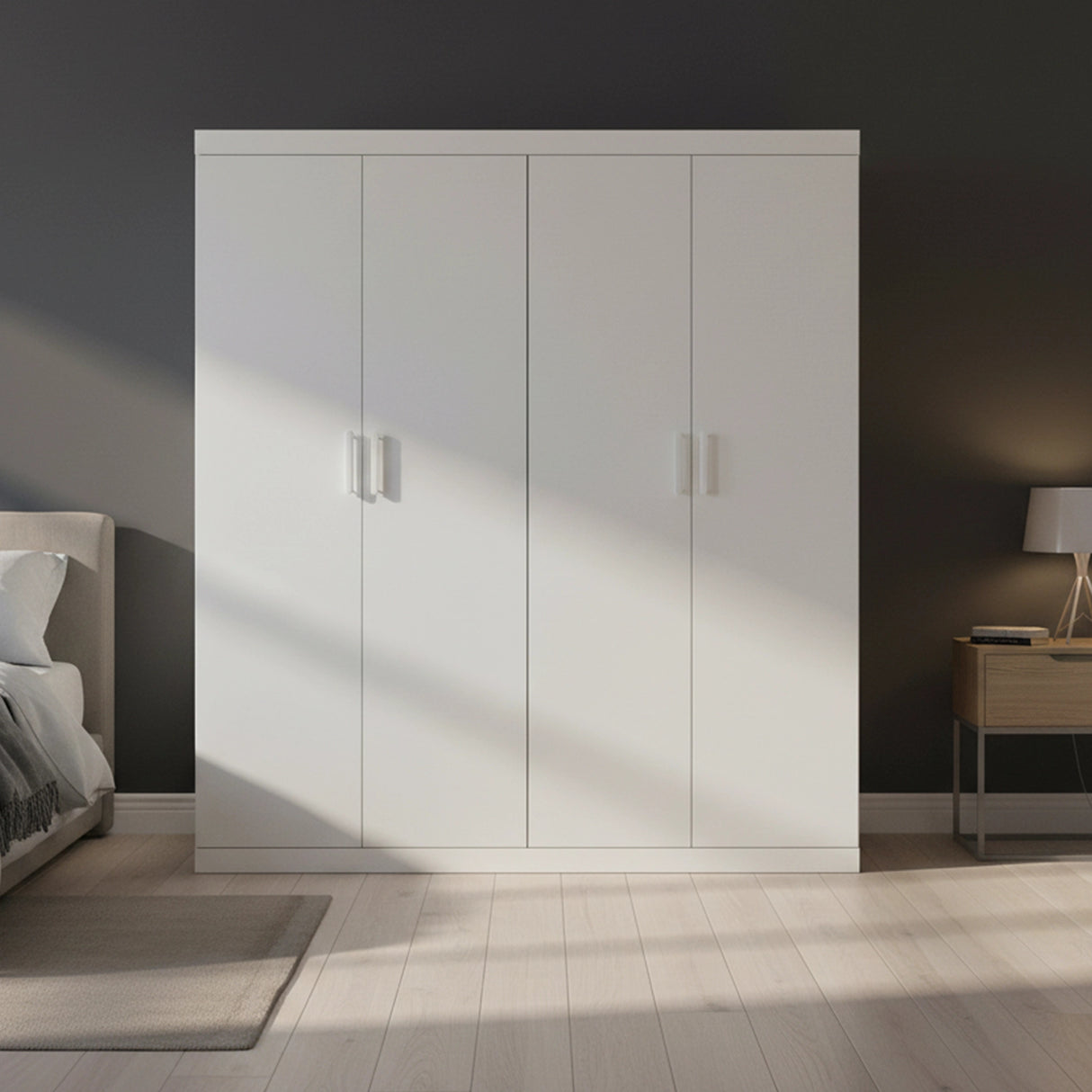 4 Door White Wardrobe Cabinet &ndash; Hanging Rail, Shelves & White Handles