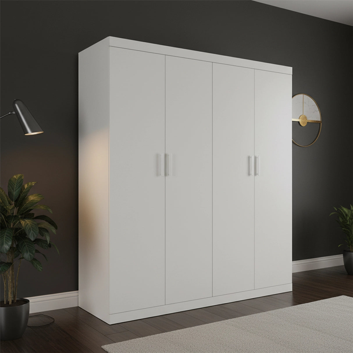 4 Door White Wardrobe Cabinet &ndash; Hanging Rail, Shelves & White Handles