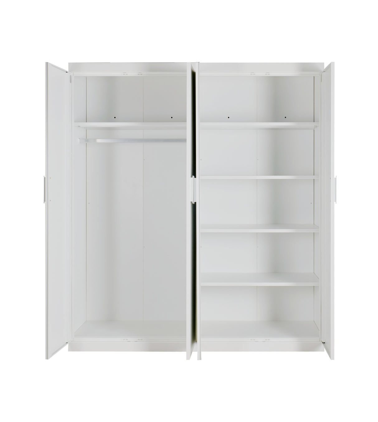 4 Door White Wardrobe Cabinet &ndash; Hanging Rail, Shelves & White Handles