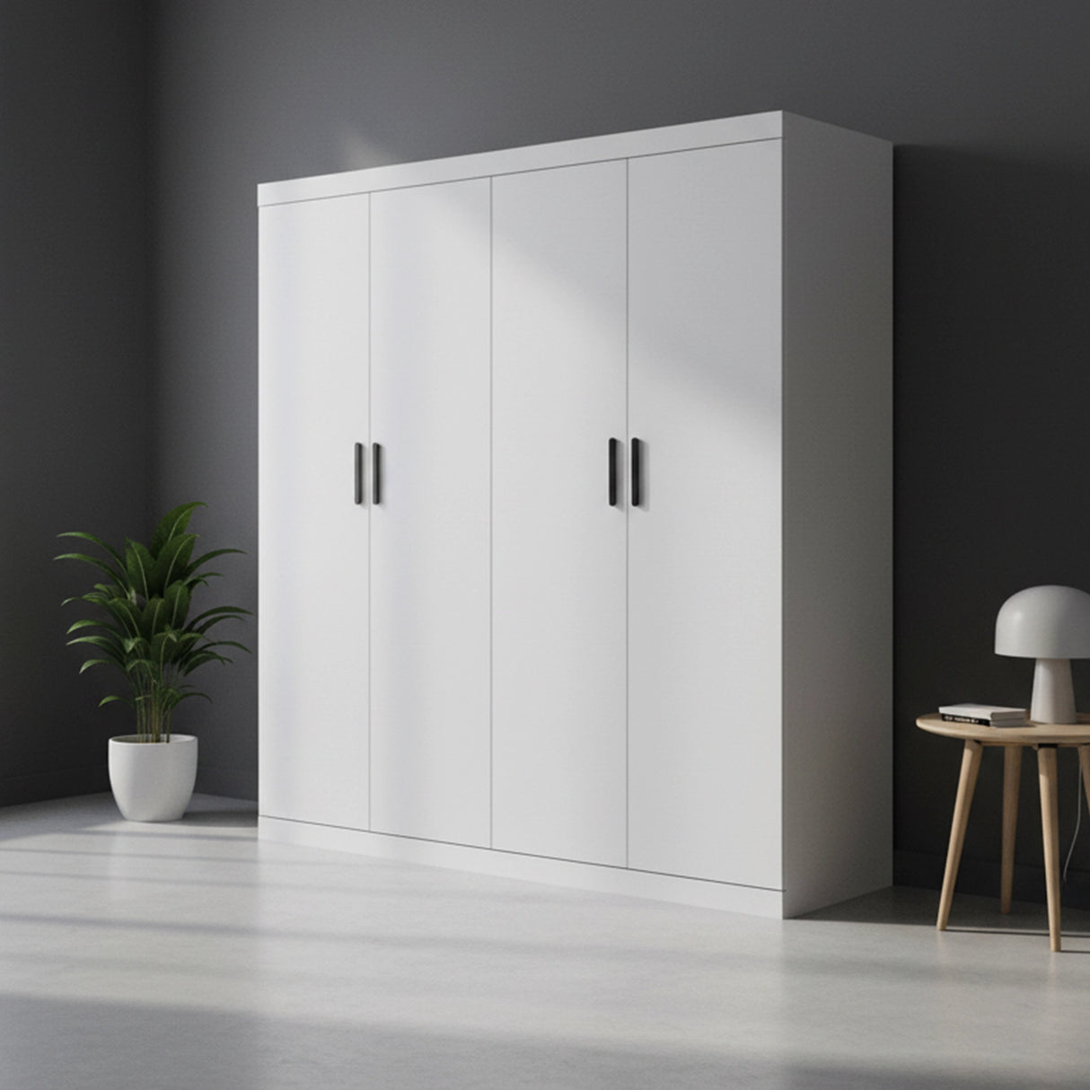 4 Door White Wardrobe Cabinet &ndash; Hanging Rail, Shelves & Black Handles