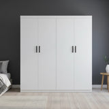 4 Door White Wardrobe Cabinet &ndash; Hanging Rail, Shelves & Black Handles