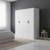 4 Door White Wardrobe Cabinet &ndash; Hanging Rail, Shelves & Black Handles - 45-Degree Angle