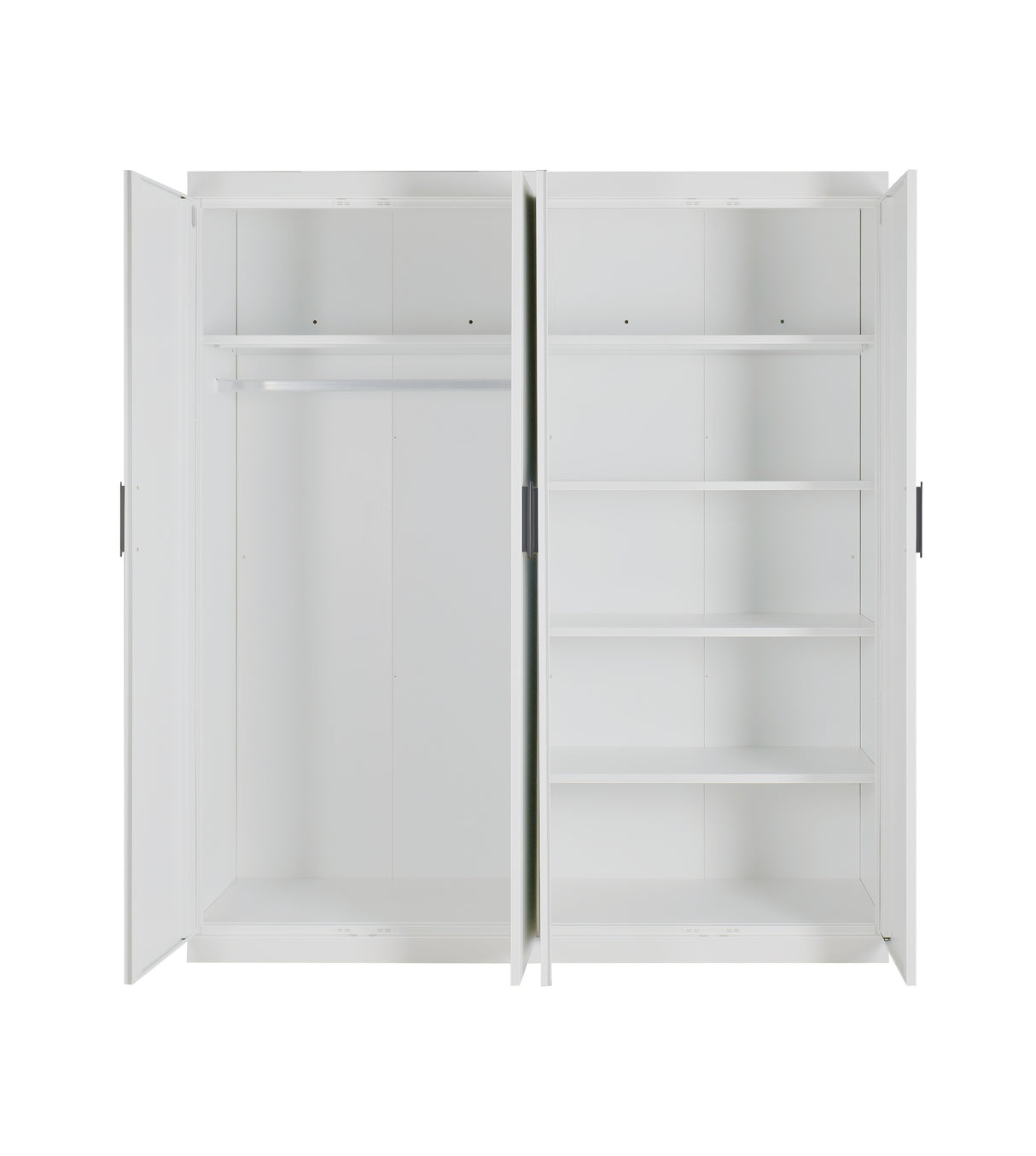 4 Door White Wardrobe Cabinet &ndash; Hanging Rail, Shelves & Black Handles