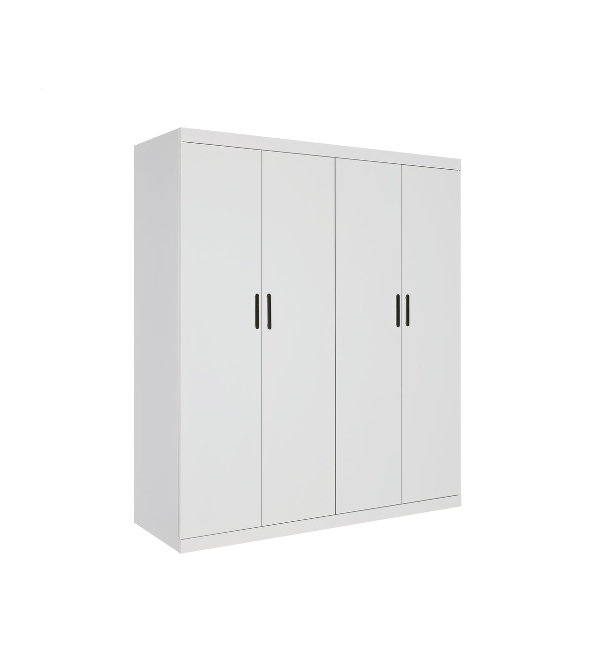 4 Door White Wardrobe Cabinet &ndash; Hanging Rail, Shelves & Black Handles