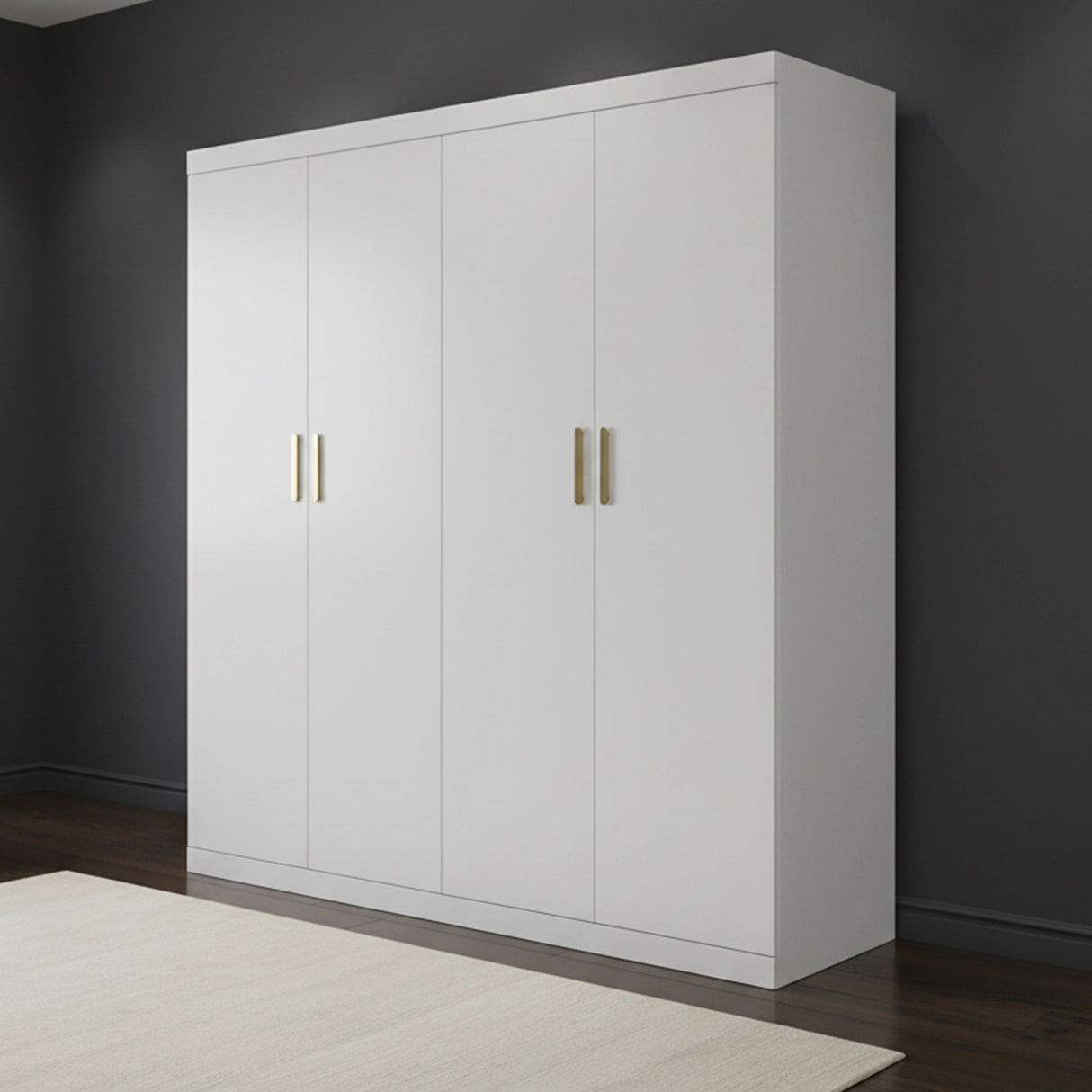 4 Door White Wardrobe Cabinet &ndash; Hanging Rail, Shelves & Gold Handles