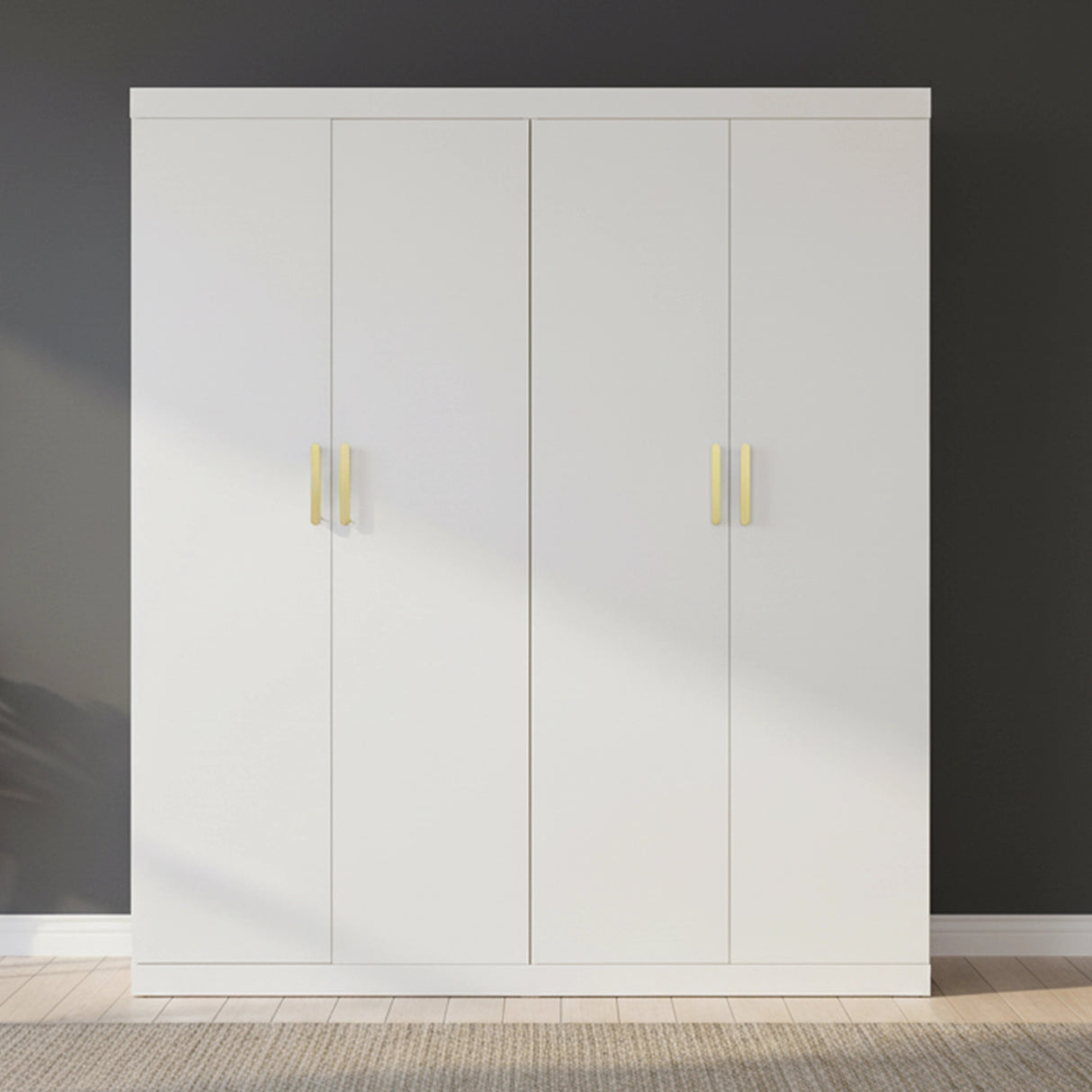 4 Door White Wardrobe Cabinet &ndash; Hanging Rail, Shelves & Gold Handles