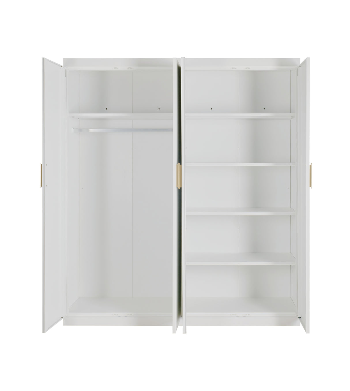 4 Door White Wardrobe Cabinet &ndash; Hanging Rail, Shelves & Gold Handles