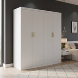 4 Door White Wardrobe Cabinet &ndash; Hanging Rail, Shelves & Gold Handles - 45-Degree Angle