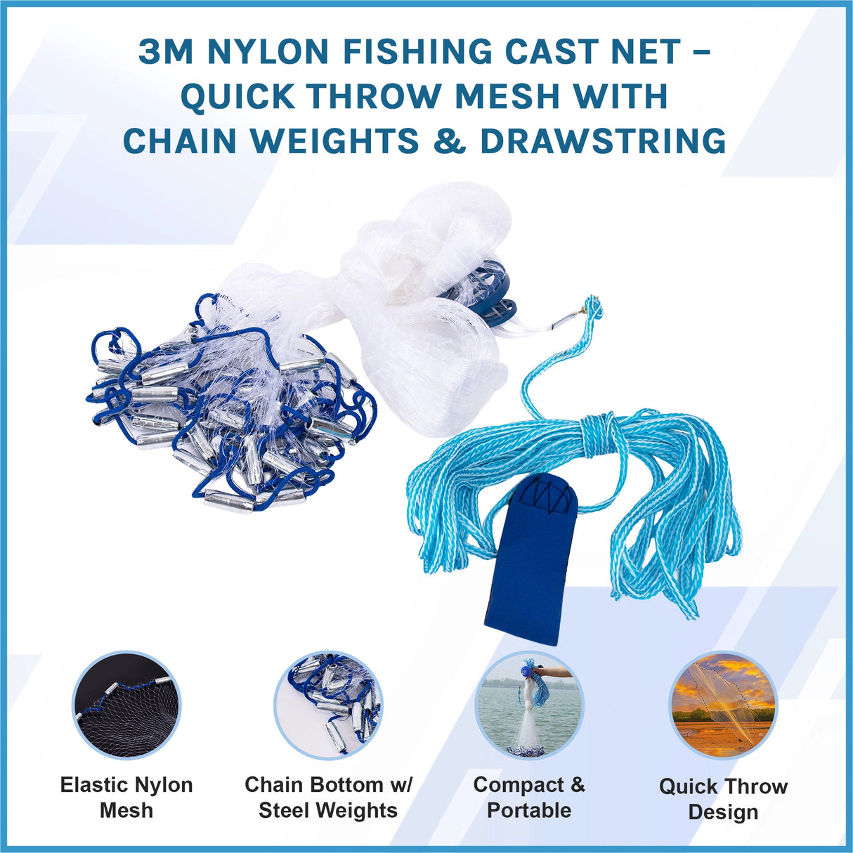 3m Nylon Fishing Cast Net &ndash; Quick Throw Mesh with Chain Weights & Drawstring