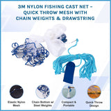 3m Nylon Fishing Cast Net &ndash; Quick Throw Mesh with Chain Weights & Drawstring - Front View