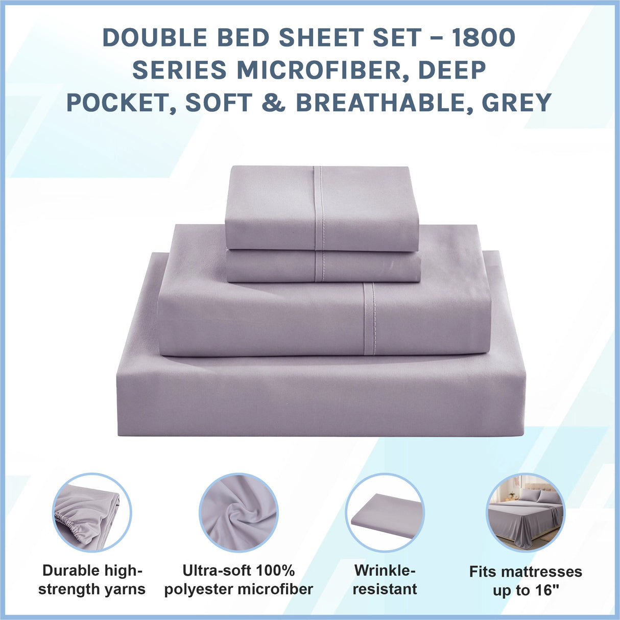 Double Bed Sheet Set &ndash; 1800 Series Microfiber, Deep Pocket, Soft & Breathable, Grey