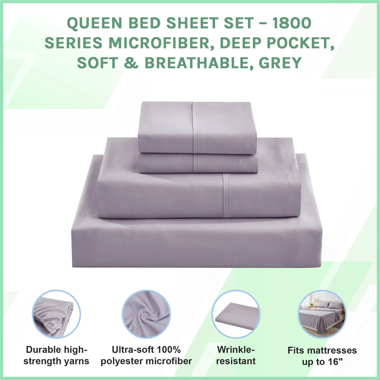 Queen Bed Sheet Set &ndash; 1800 Series Microfiber, Deep Pocket, Soft & Breathable, Grey