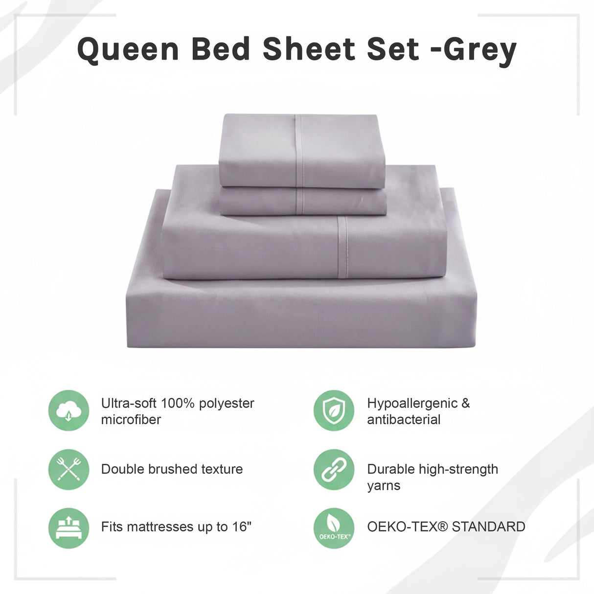 Queen Bed Sheet Set &ndash; 1800 Series Microfiber, Deep Pocket, Soft & Breathable, Grey
