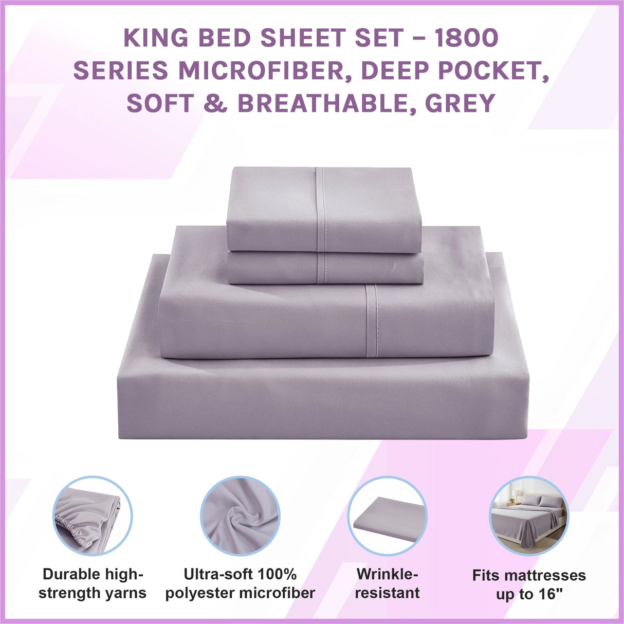 King Bed Sheet Set &ndash; 1800 Series Microfiber, Deep Pocket, Soft & Breathable, Grey