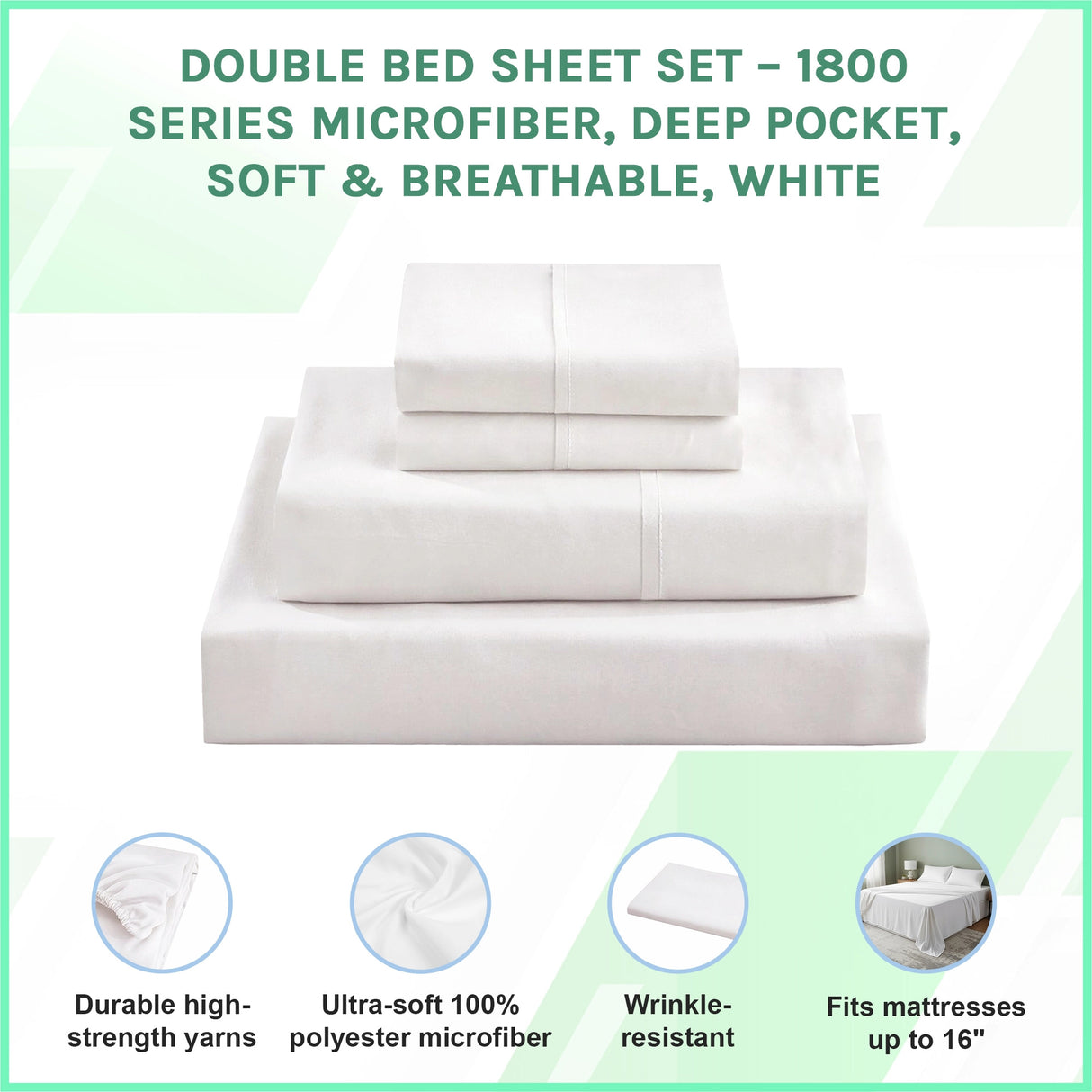 Double Bed Sheet Set &ndash; 1800 Series Microfiber, Deep Pocket, Soft & Breathable, White