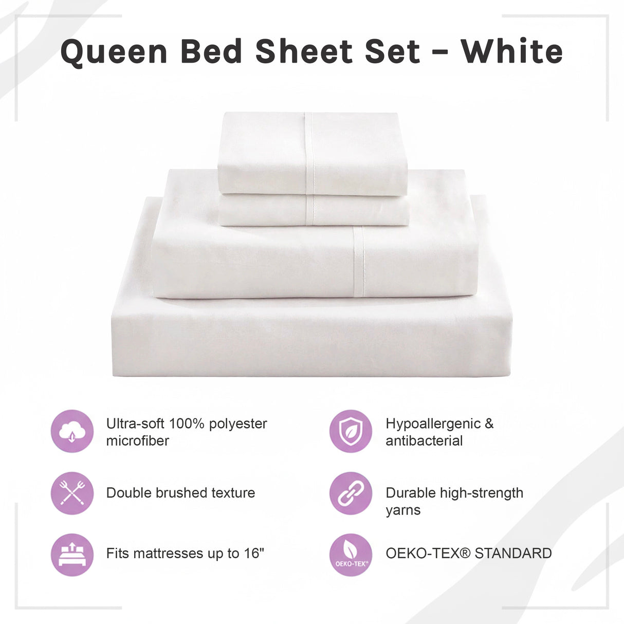 Queen Bed Sheet Set &ndash; 1800 Series Microfiber, Deep Pocket, Soft & Breathable, White