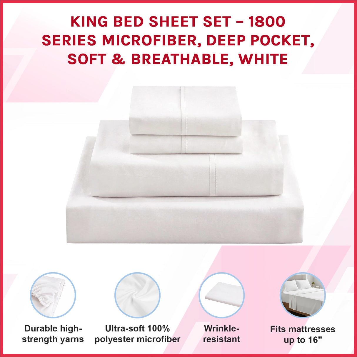 King Bed Sheet Set &ndash; 1800 Series Microfiber, Deep Pocket, Soft & Breathable, White