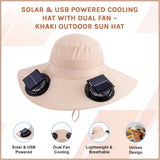 Solar & USB Powered Cooling Hat with Dual Fan &ndash; Khaki Outdoor Sun Hat