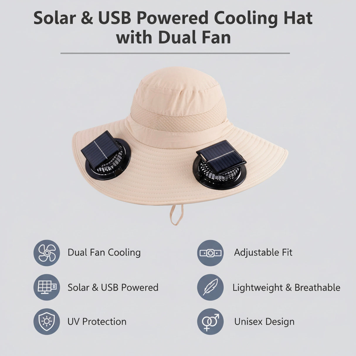 Solar & USB Powered Cooling Hat with Dual Fan &ndash; Khaki Outdoor Sun Hat