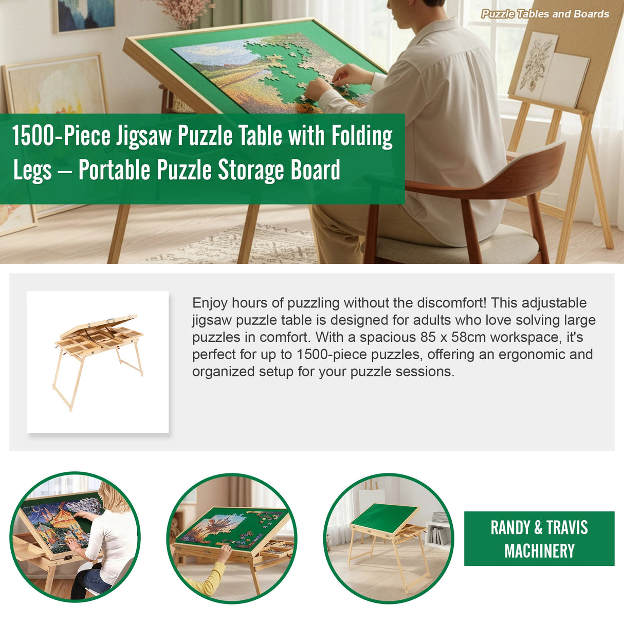 1500-Piece Jigsaw Puzzle Table with Folding Legs &ndash; Portable Puzzle Storage Board