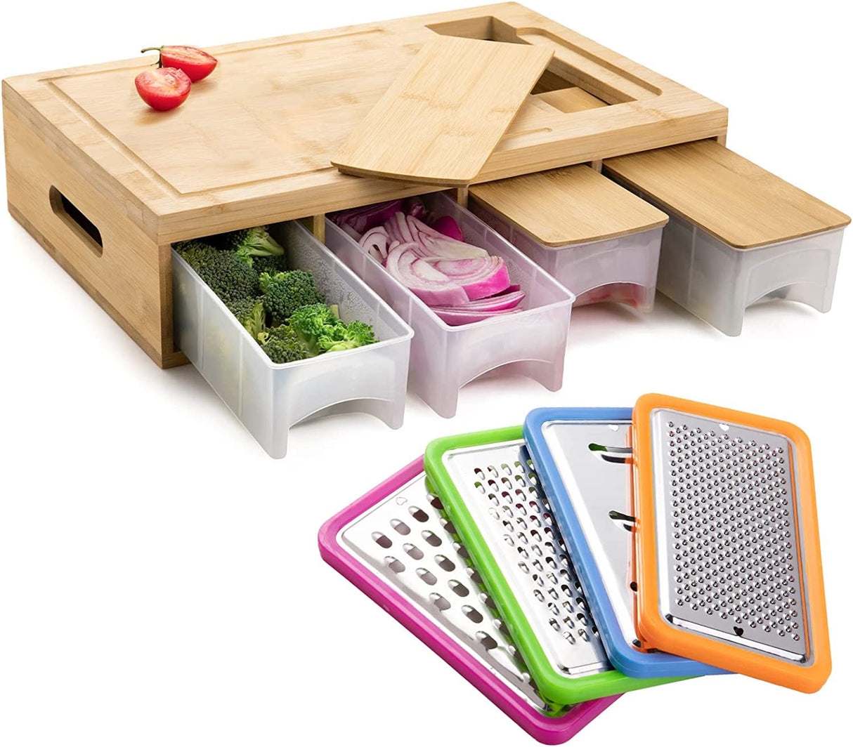 Bamboo Cutting Board Set with Graters & Containers &ndash; Food Prep Station