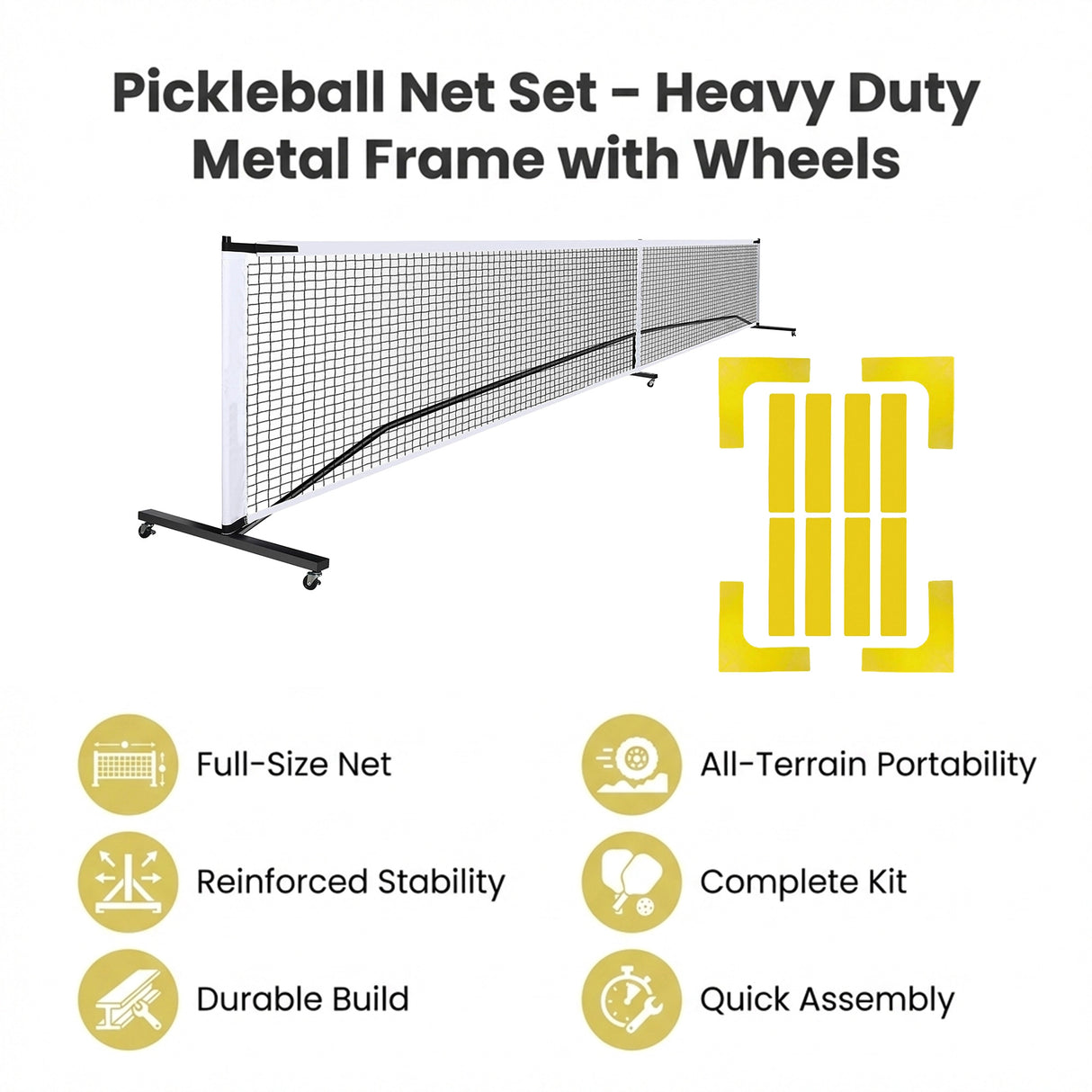 Portable 6.7m Pickleball Net Set &ndash; Heavy Duty Metal Frame with Wheels