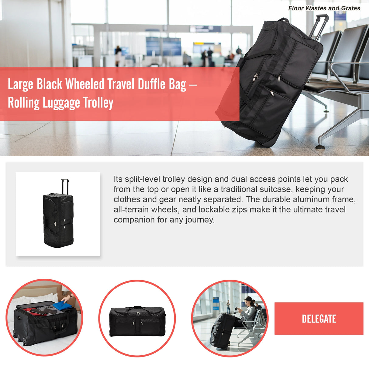 Large Black Wheeled Travel Duffle Bag &ndash; Rolling Luggage Trolley