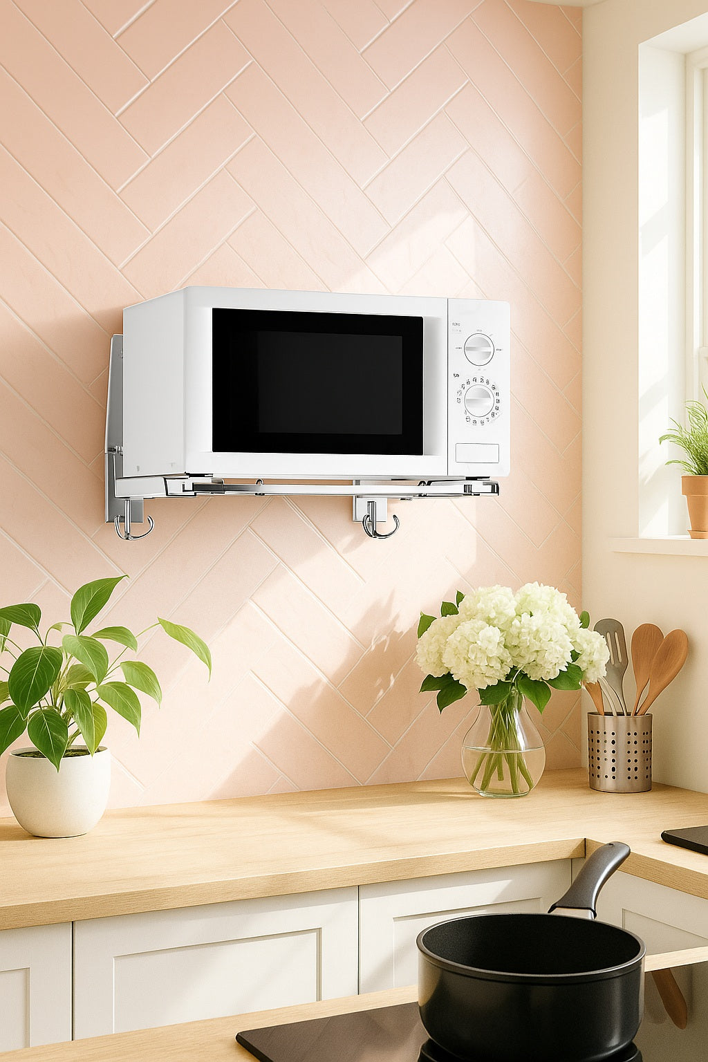 Stainless Steel Microwave Oven Wall Mount Bracket &ndash; Adjustable Shelf with Removable Hooks