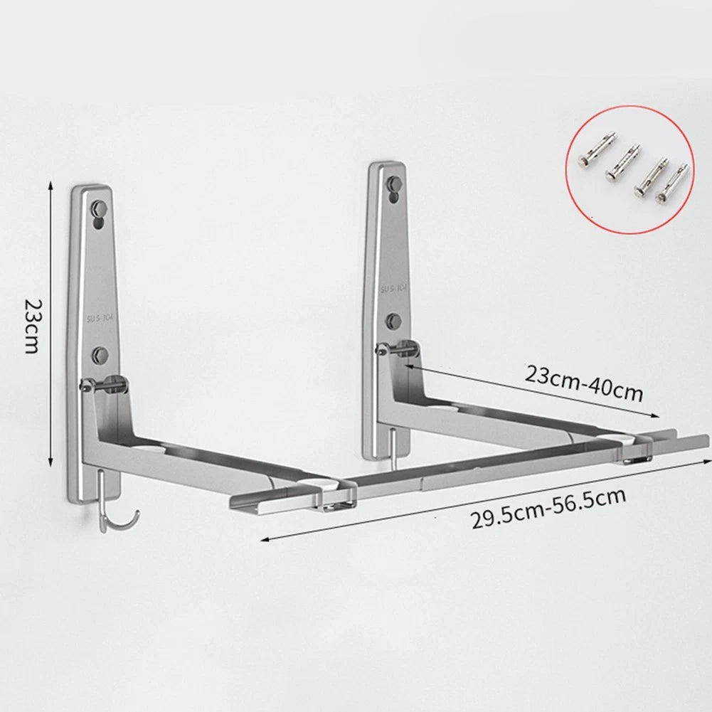 Stainless Steel Microwave Oven Wall Mount Bracket &ndash; Adjustable Shelf with Removable Hooks