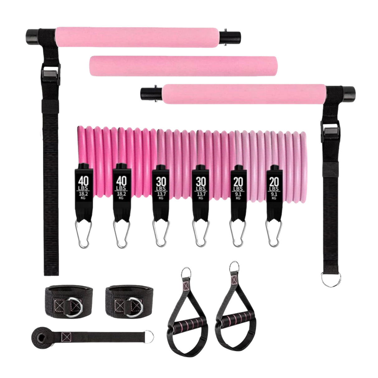 14pc Pilates Bar Kit with Resistance Bands & Belt &ndash; Home Fitness Pedal Puller