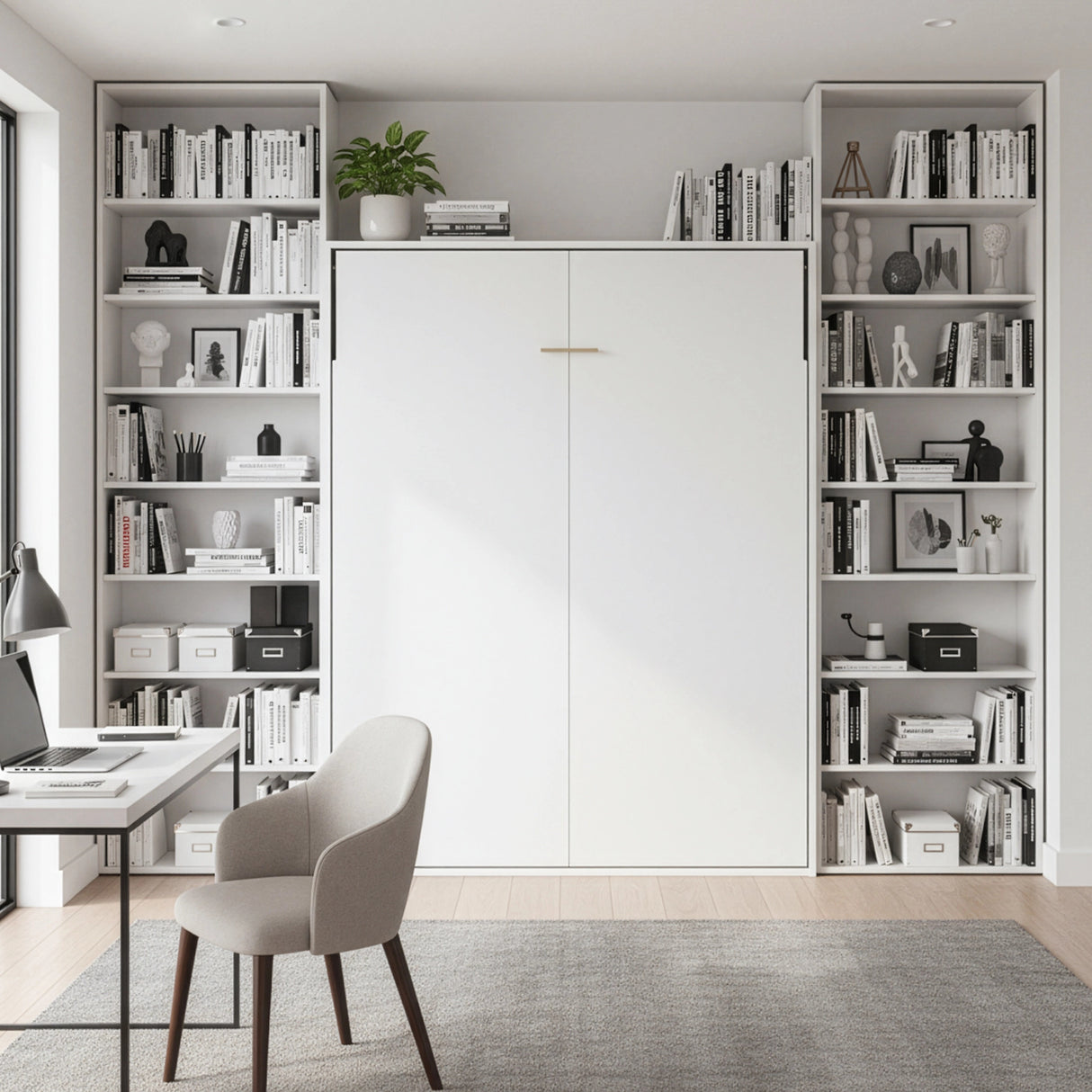 Double Wall Bed in White Gloss &ndash; Space Saving Murphy Bed Kit with Black Door Handle