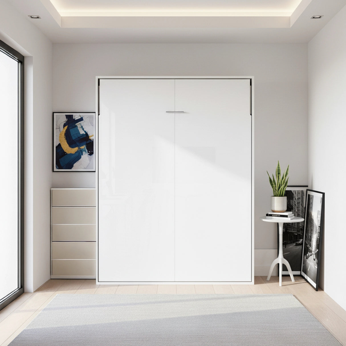 Double Wall Bed in White Gloss &ndash; Space Saving Murphy Bed Kit with Black Door Handle