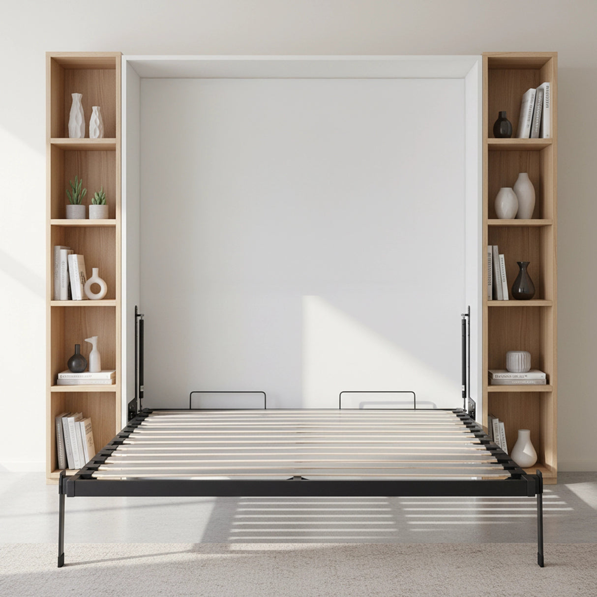 Double Wall Bed in White Gloss &ndash; Space Saving Murphy Bed Kit with Black Door Handle