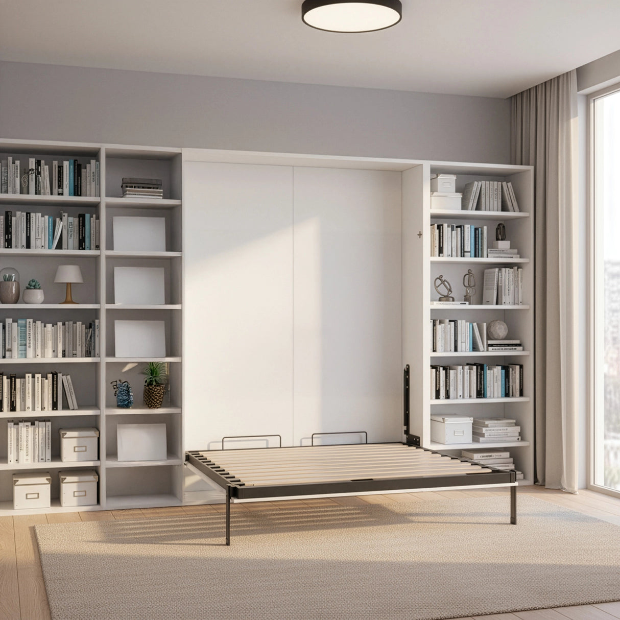 Double Wall Bed in White Gloss &ndash; Space Saving Murphy Bed Kit with Black Door Handle