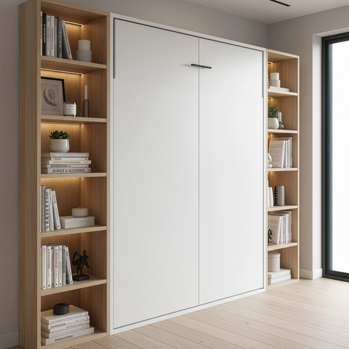 Double Wall Bed in White &ndash; Space Saving Murphy Bed Kit with Silver Door Handle
