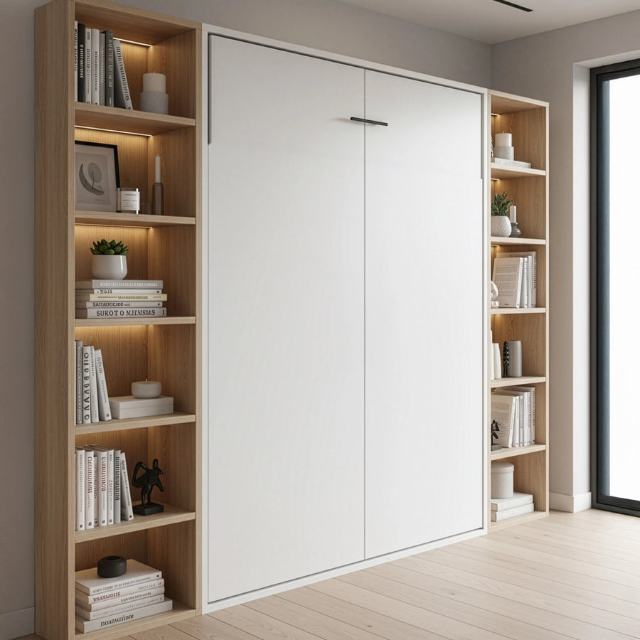 Double Wall Bed in White &ndash; Space Saving Murphy Bed Kit with Silver Door Handle