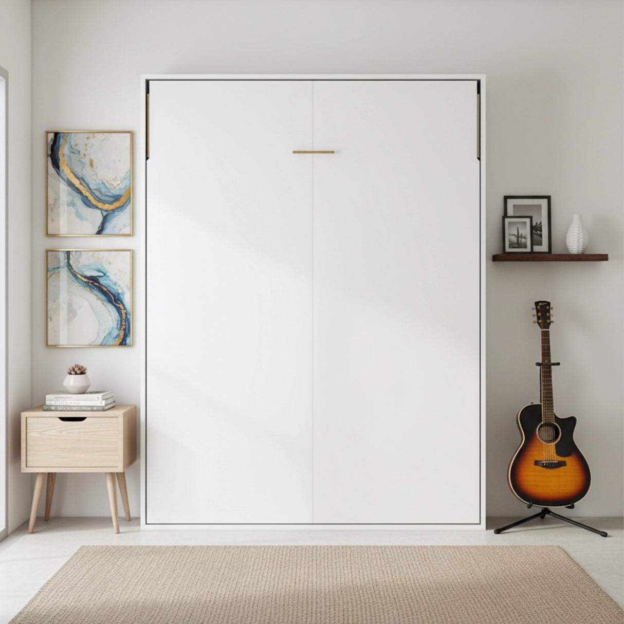 Double Wall Bed in White &ndash; Space Saving Murphy Bed Kit with Silver Door Handle