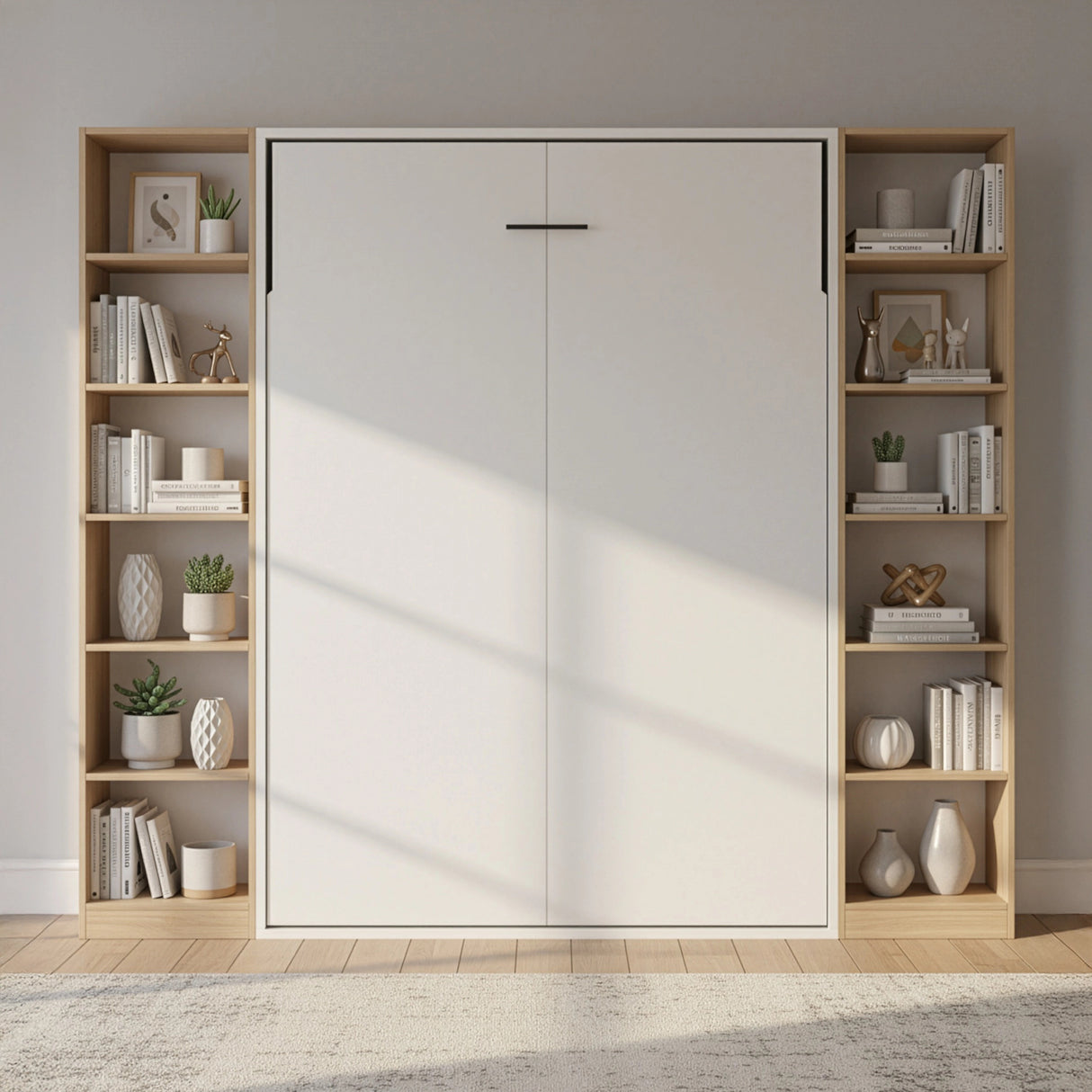 Double Wall Bed in White &ndash; Space Saving Murphy Bed Kit with Silver Door Handle