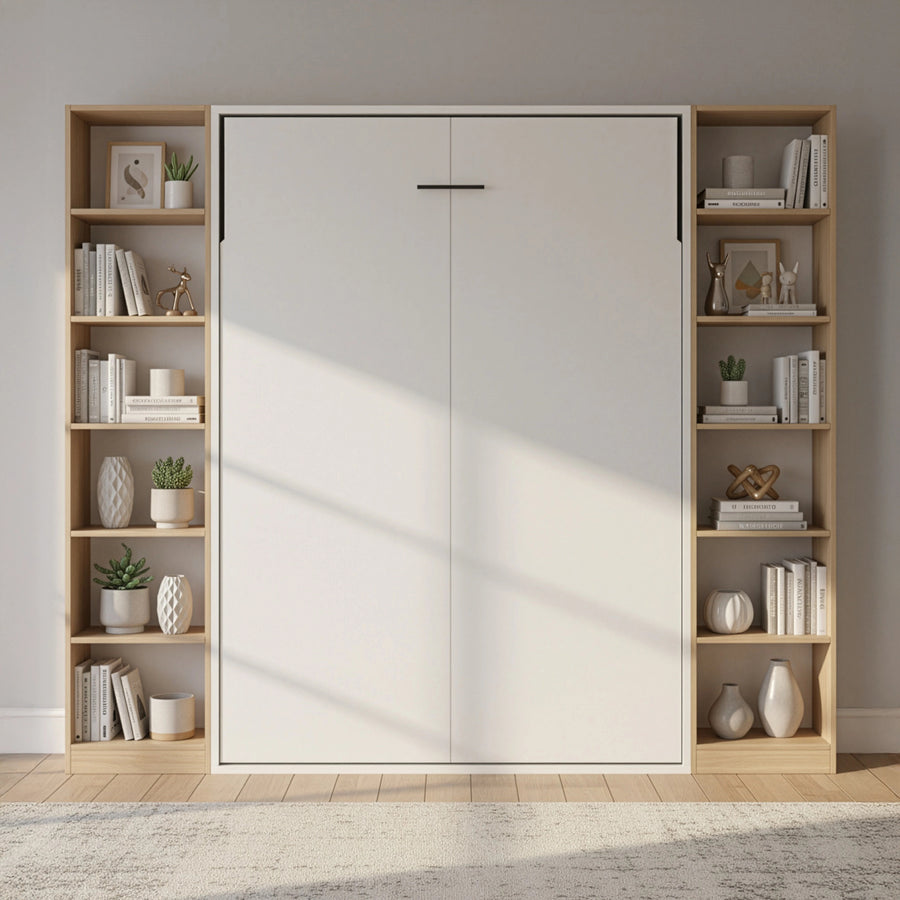 Double Wall Bed in White &ndash; Space Saving Murphy Bed Kit with Silver Door Handle
